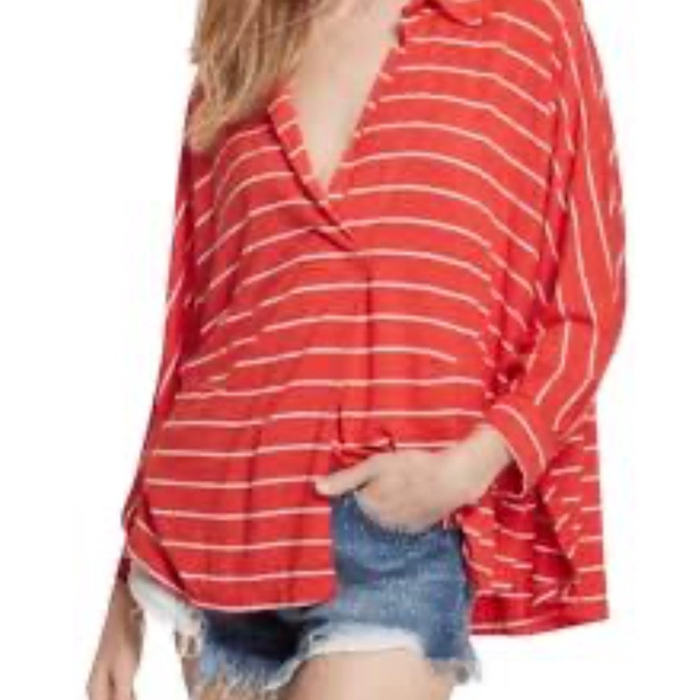 We The Free Free People Red White Striped Oversized Raglan V-Neck Top Small